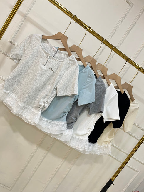 Women Round Neck Lacey Detail Button Down Tops